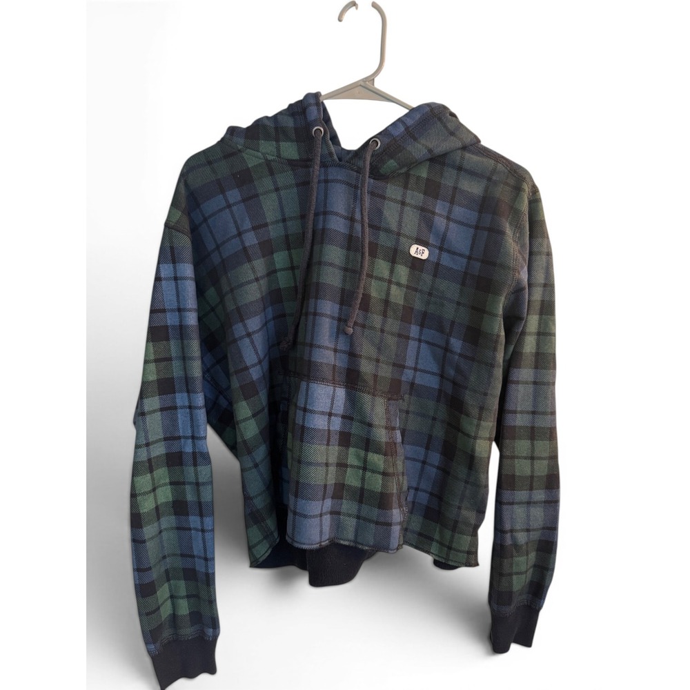Abercrombie & Fitch Hoodie Womens S Blue Green Plaid Cropped Raw Hem Fleece 1733
